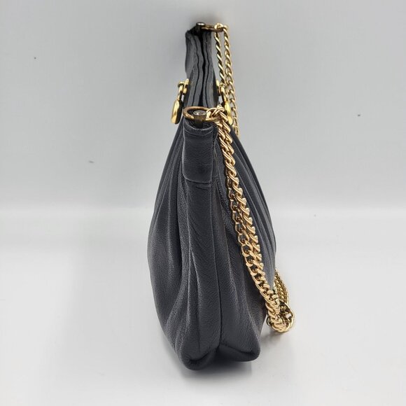 Vintage Black Leather Clutch Purse With Gold Chain Strap & Snap Closure By Ande - Picture 7 of 16